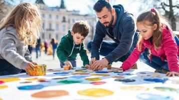 Father and children playing with paint on a table photo