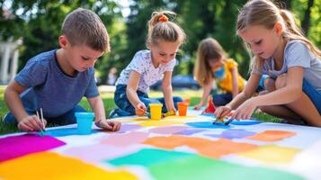 Creative children painting colorful mural outdoors with joy and teamwork photo