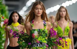 Fashion models walking runway adorned with vibrant floral designs and greenery, showcasing colorful outfits photo