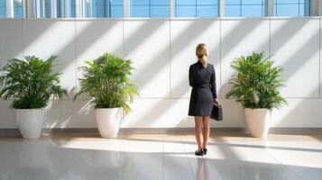 fashionable businesswoman in black dress stands with briefcase, surrounded by greenery in modern office space photo