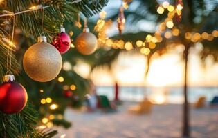Festive decorations brightening up summer Christmas scene with ornaments and lights photo