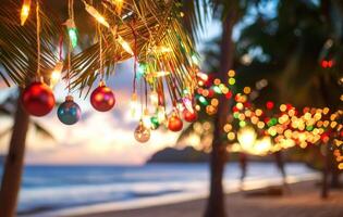 Festive decorations on palm trees create vibrant summer Christmas atmosphere by beach photo