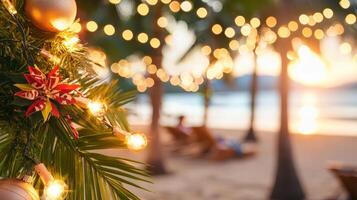 Festive decorations brightening up summer Christmas beach scene with lights photo