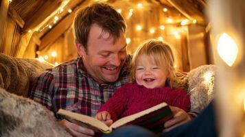 descriptionFather and toddler giggling while reading book in cozy setting photo