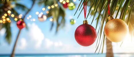 Festive decorations brightening up summer Christmas scene with vibrant ornaments hanging from palm trees photo