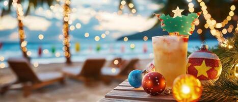 Festive decorations and tropical drink create cheerful summer Christmas vibe photo