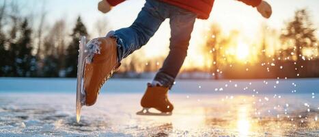 child skating on frozen lake during sunset, creating splashes of water photo