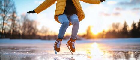 Figure skater practicing jumps on frozen lake during sunset, showcasing skill and joy photo