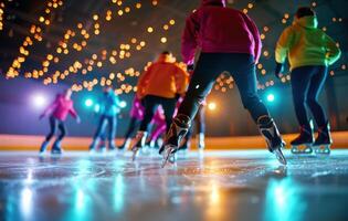 Skaters practicing routines on ice under colorful lights, creating vibrant atmosphere photo