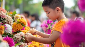 child participates in floral decoration ritual during festival, surrounded by vibrant flowers and joyful atmosphere photo