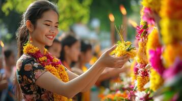 woman participates in colorful floral ritual, smiling joyfully photo
