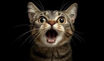 Portrait of surprised cat showing teeth black with eyes on wide background photo