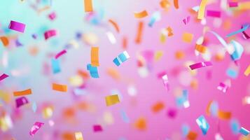 Colorful curling streamers and on confetti falling festive celebration background photo