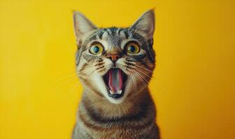 Portrait of on cat showing teeth with surprised eyes wide yellow background photo