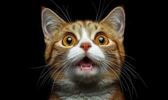 Portrait of surprised cat background teeth with wide showing on black eyes photo