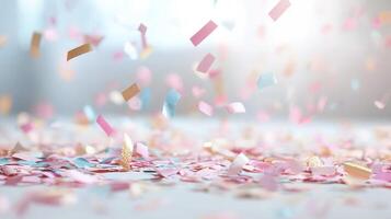 Colorful curling streamers celebration confetti falling on festive and background photo