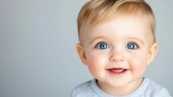 Happy toddler smiling on gray background photo