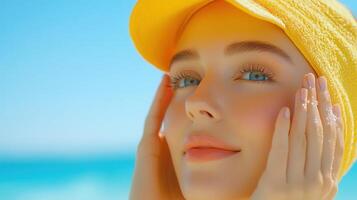 Beautiful blonde teen girl smiling and touching her face in nature photo