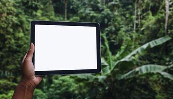 Hand Displaying a Tablet with Blank Screen for Device Mockup photo