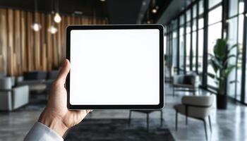 Hand Holding a Tablet in Different Environment Device Mockup photo