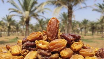 Pile of Fresh Dates in a Palm Tree Grove for Healthy Snack photo