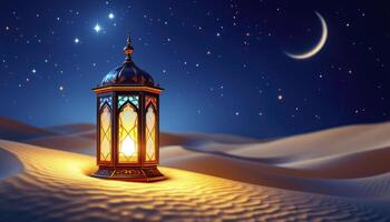 Illuminated Ramadan Lantern in Desert at Night with Crescent Moon photo