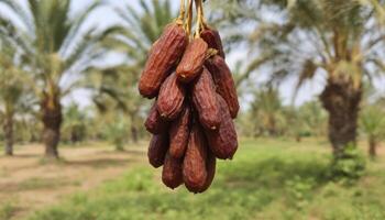 Hanging Fresh Dates with Palm Tree Orchard in the Background photo