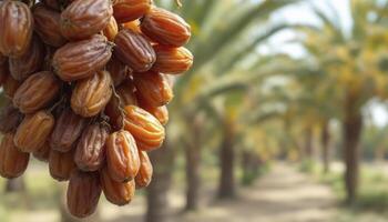 Hanging Fresh Dates Growing on Tree in Palm Orchard Farm photo