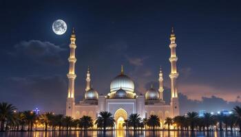 Illuminated Mosque at Night with Moon and Palm Trees Reflection photo