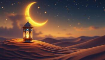 Illuminated Lantern on Sand Dune with Crescent Moon and Starry Sky photo