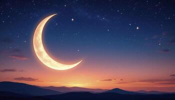 Crescent Moon Shining Over Mountain Range at Dusk with Starry Sky photo