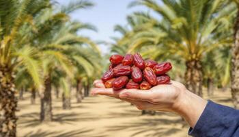Holding Fresh Dates in Palm Tree Orchard, Healthy Fruit Harvest photo