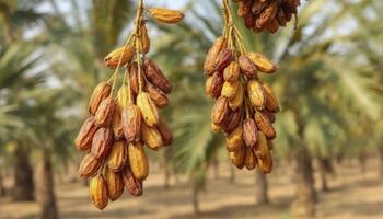 Harvesting Fresh Dates Hanging From Palm Trees in a Date Farm photo