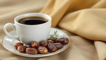 Enjoying Black Coffee with Dates on a Beige Fabric Background photo