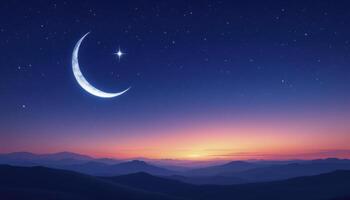 Crescent Moon and Star Over Mountain Range at Dusk Peaceful Night photo
