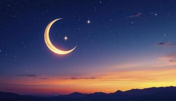 Glowing Crescent Moon and Stars Over Mountain Range at Dusk photo