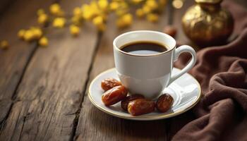 Enjoying Black Coffee with Dates on Wooden Table in Warm Setting photo