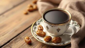 Enjoying Black Coffee with Dates on a Rustic Wooden Table photo