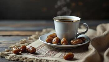 Enjoying Dates with Steaming Coffee Cup in Cozy Home Setting photo