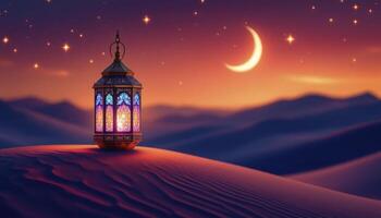 Ornate Lantern Shining on Desert Dunes Under Starry Crescent Moon photo