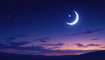 Crescent Moon and Star Shines Over Twilight Sky and Mountains photo
