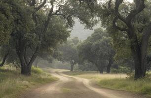 A dirt road surrounded by trees in the middle of a field photo