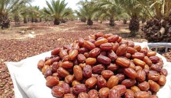 Harvesting Fresh Dates Pile with Palm Tree Orchard Background Landscape photo