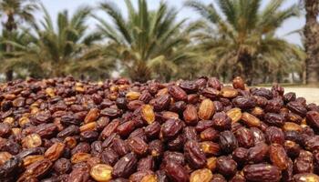 Harvesting Fresh Dates Under Palm Trees in Desert Oasis Setting photo