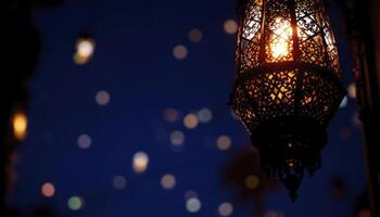 Glowing Moroccan Lantern Night Scene with Bokeh Lights photo