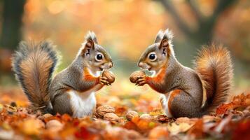 Two squirrels are eating nuts on the ground photo