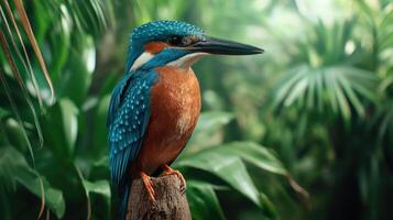 A blue and orange bird is perched on a tree branch photo
