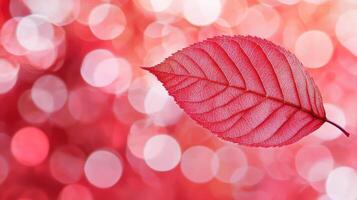 A leaf is floating on a red background with a blurry background photo