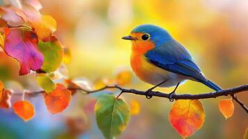 A colorful bird is perched on a branch with leaves of different colors photo