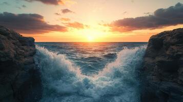 The ocean is crashing into a rocky cliff, with the sun setting in the background photo